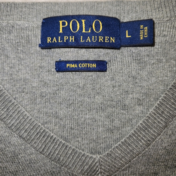 Polo Ralph Lauren 100% Pima Cotton V-Neck Sweater Mens Size Large Gray Jumper - Picture 4 of 9